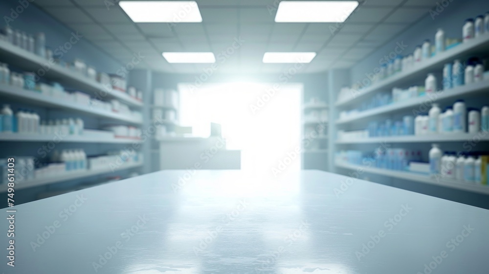 Empty white table in a brightly lit pharmacy with shelf backdrop.