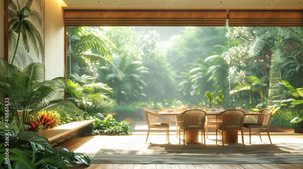 Interior of an eco-friendly house dining room with fern plants and a ...