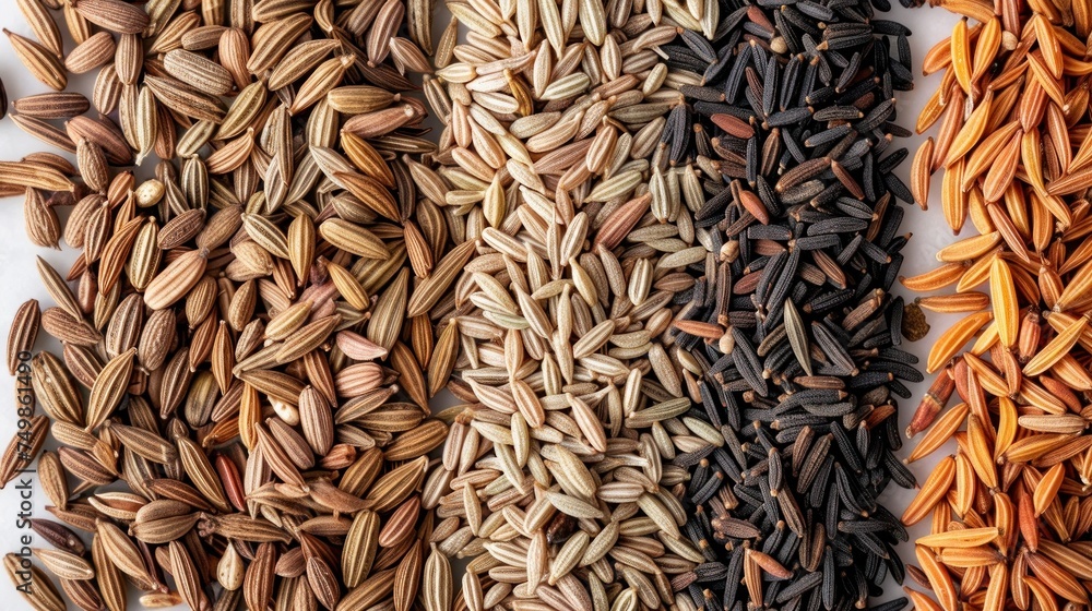 Macro shot of cumin and caraway seeds arranged in a precise line. Intricate arrangement of cumin and caraway seeds. Macro shot of cumin and caraway seeds arranged in a precise line. Intricate arrangement of cumin and caraway seeds.