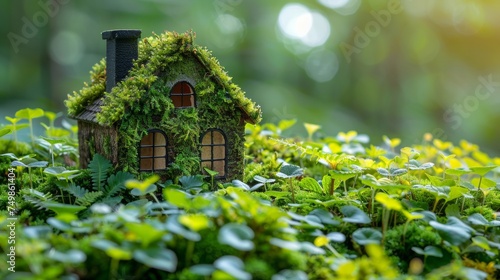 Moss covered model home outdoors in a garden with copy space surrounded by green ferns in an eco-friendly house concept