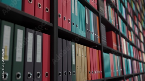 Rows of vibrant office binders neatly arranged on shelves, showcasing organization.