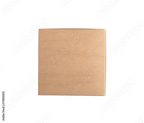 Kraft carton box, cardboard package of square shape, above top view, isolated on white, transparent png © valiantsin