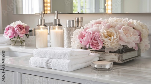 An elegant bathroom setup showcasing fresh peonies in full bloom  with soft towels and lit candles for a luxurious spa feel.