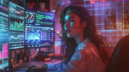 Analyst woman with market graphs. Futuristic workspace with holographic projections of market trends. Tech meets speculation.