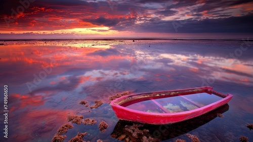 A serene scene with an abandoned red boat on a reflective water surface under a colorful sunset sky.