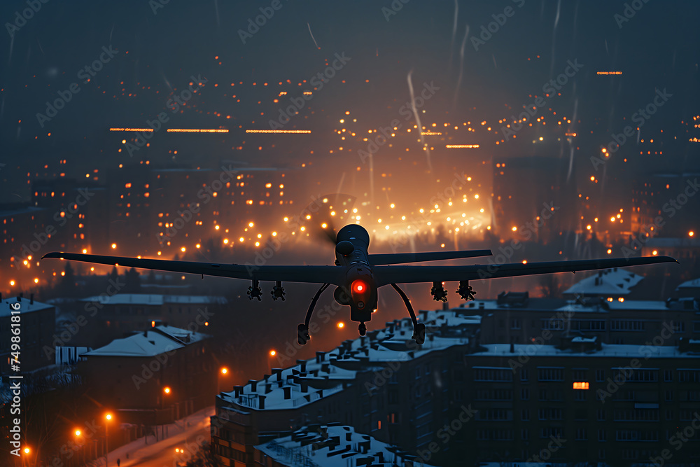 Plane drone over burning city at winter night. Neural network generated image. Not based on any actual scene or pattern.