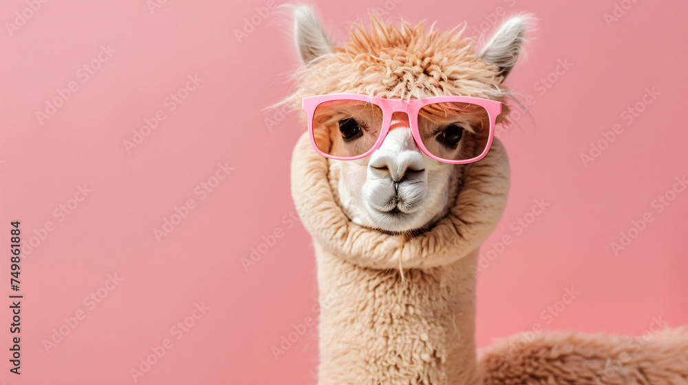 Fototapeta premium Pink alpaca wearing pink sunglasses on pink background