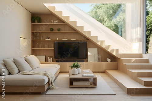 Relaxing TV room with beige stairs, minimalist d?(C)cor, and natural light streaming through the window.