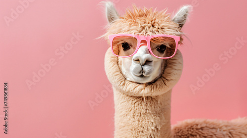 Pink alpaca wearing pink sunglasses on pink background