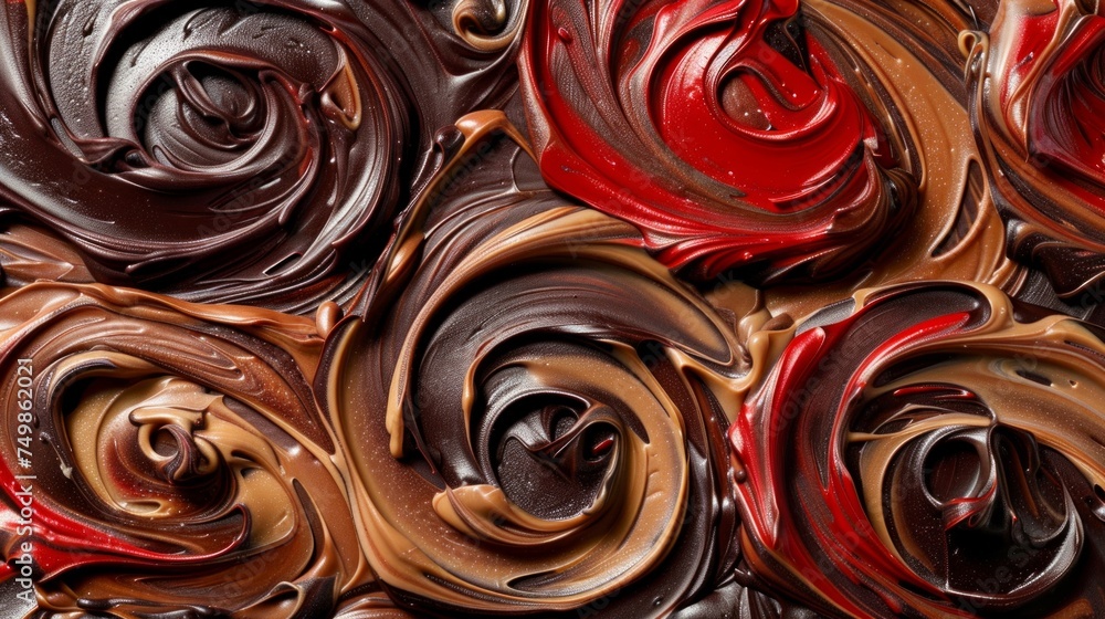 Abstract swirls of glossy chocolate and caramel create a rich and indulgent texture. Abstract swirls of glossy chocolate and caramel create a rich and indulgent texture.