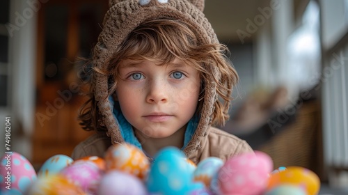 An easter egg-holding Caucasian boy is wearing a bunny bonnet in front of the front doors