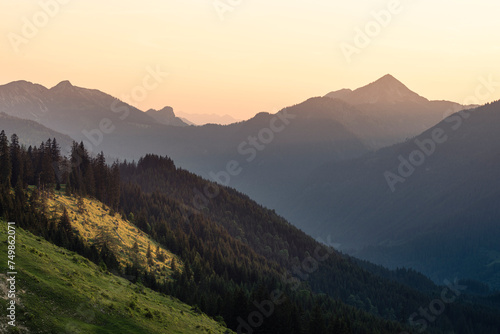 Almwiese in den Tiroler Alpen im Gegenlicht der Sonne beim Sonnenuntergang im Frühling, Österreich photo