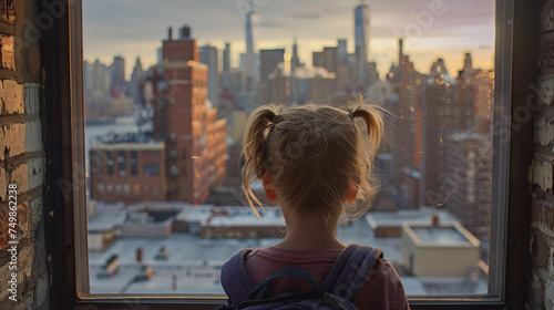 Urban Dreamer: Sunset Portrait of Young Girl Amidst Cityscape © Jian