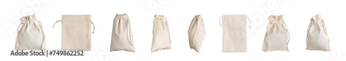 Textile bags set, pack mock up. Natural organic cotton sack isolated on white, transparent png