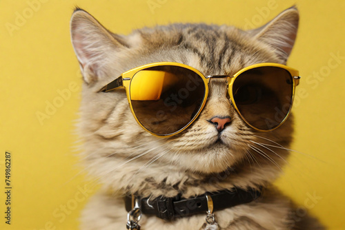 Cute cat wearing sunglasses on color background  closeup. Fashion concept