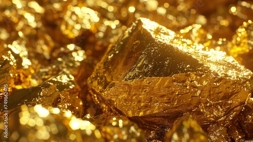 Close-up of a golden nugget, showcasing the detailed texture and shine of precious metal.