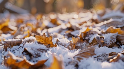 Sunlit frost on dry autumn leaves, capturing the transition from fall to winter in nature.