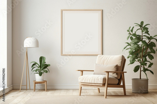 Beige and Scandinavian fusion in a living area, showcasing a single chair, a plant, and an empty frame for your words. © Abdullah