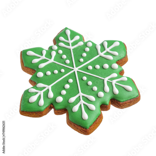 Tasty Christmas cookie in shape of snowflake isolated on white