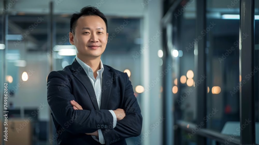 Portrait of a successful businessman with confident and friendly facial expression and his arms crossed in front of blurred office background. Generative AI Portrait of a successful businessman with confident and friendly facial expression and his arms crossed in front of blurred office background. Generative AI