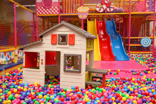 Slides, playhouse and many colorful balls in ball pit