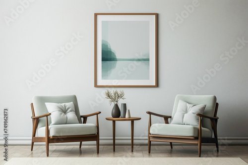 Tranquil living space featuring a single chair, a touch of nature, and an empty frame for your expressive text.