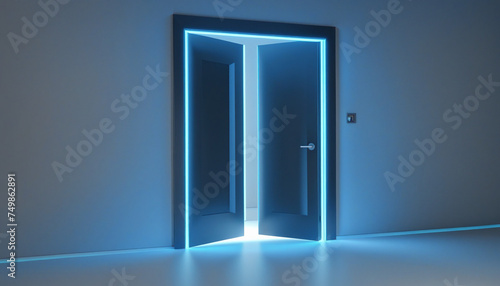 3d render, abstract minimalist blue geometric background. Bright neon light. Doorway portal glowing in the dark