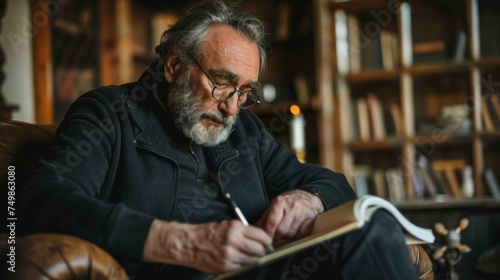 Thoughtful senior man with glasses writing in a notebook, surrounded by books in a cozy home environment.