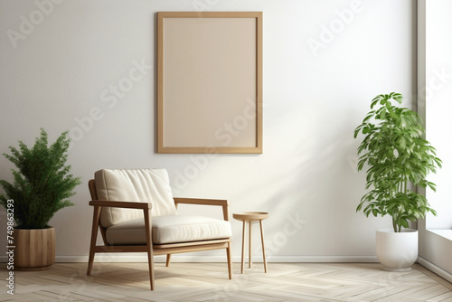 Beige and wooden tones harmonize in a living room, showcasing a chair, plant, and an empty frame for personalized text.
