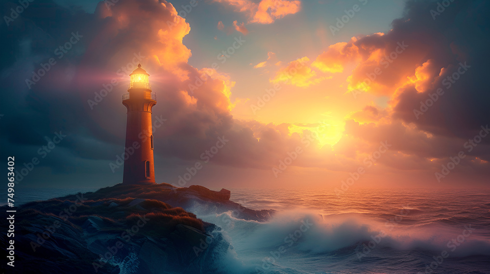 Guiding light. Lighthouse on the sea. Generative Ai
