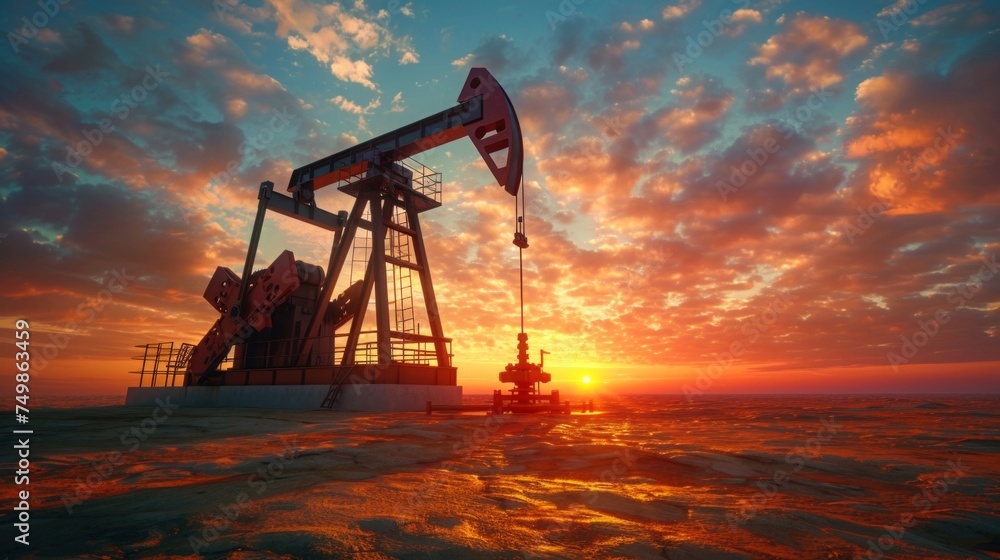 An oil pump jack operates against a vibrant sunset, symbolizing energy and industry. An oil pump jack operates against a vibrant sunset, symbolizing energy and industry.