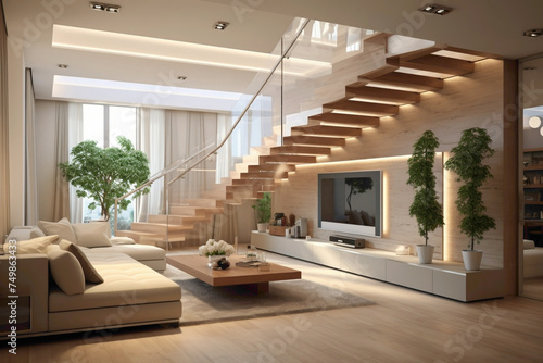 Modern interior space with beige stairs and a stylish TV room  ideal for entertainment.
