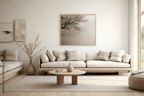 A minimalist beige living room with Scandinavian design elements, characterized by clean aesthetics, functional furniture, and serene ambiance.