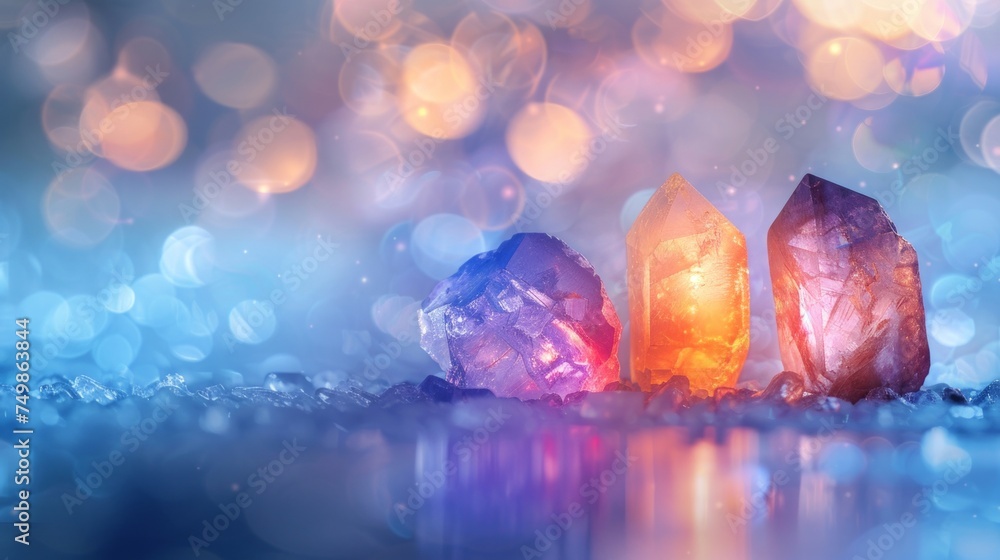 Translucent crystals glow amidst a magical bokeh light effect, creating an enchanting and mystical atmosphere. Translucent crystals glow amidst a magical bokeh light effect, creating an enchanting and mystical atmosphere.