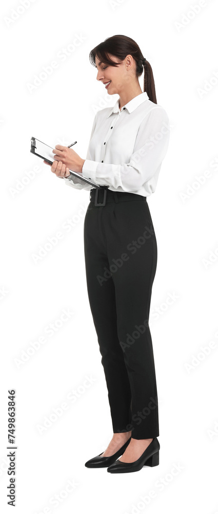 Happy businesswoman with clipboard on white background