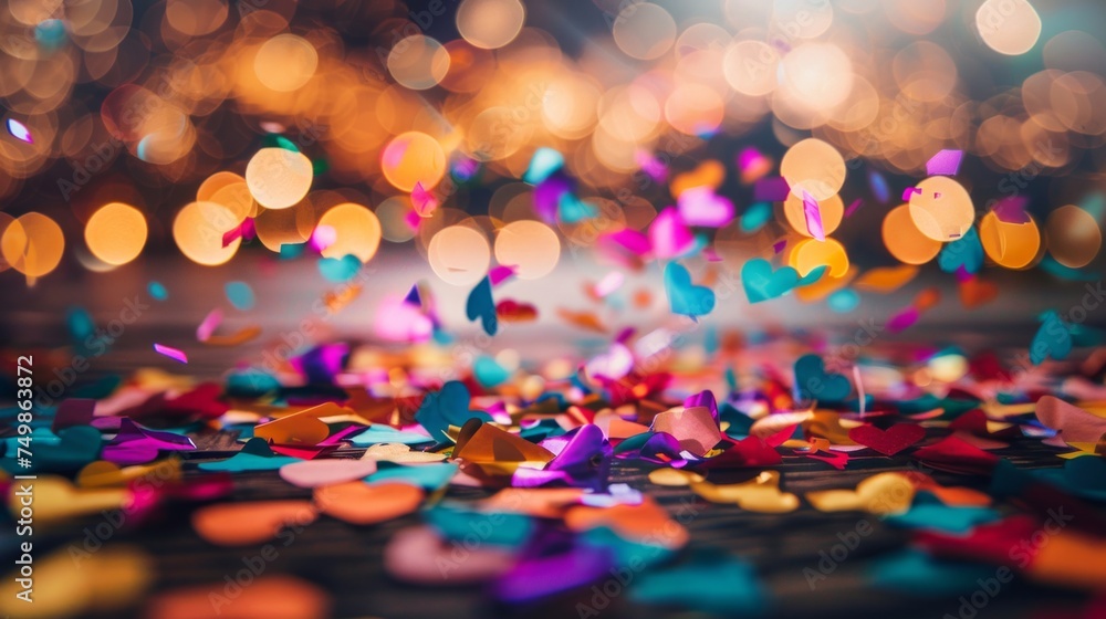 A vibrant explosion of colorful confetti is scattered across a dark background, highlighted by a bokeh light effect.