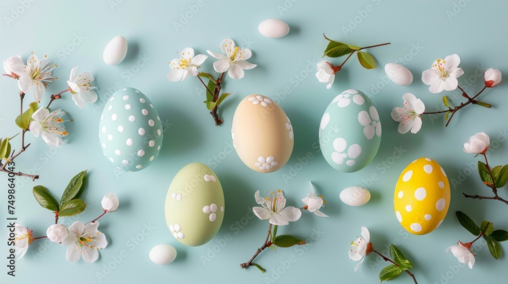 A collection of decorated Easter eggs among white spring blossoms on a soft blue background.
