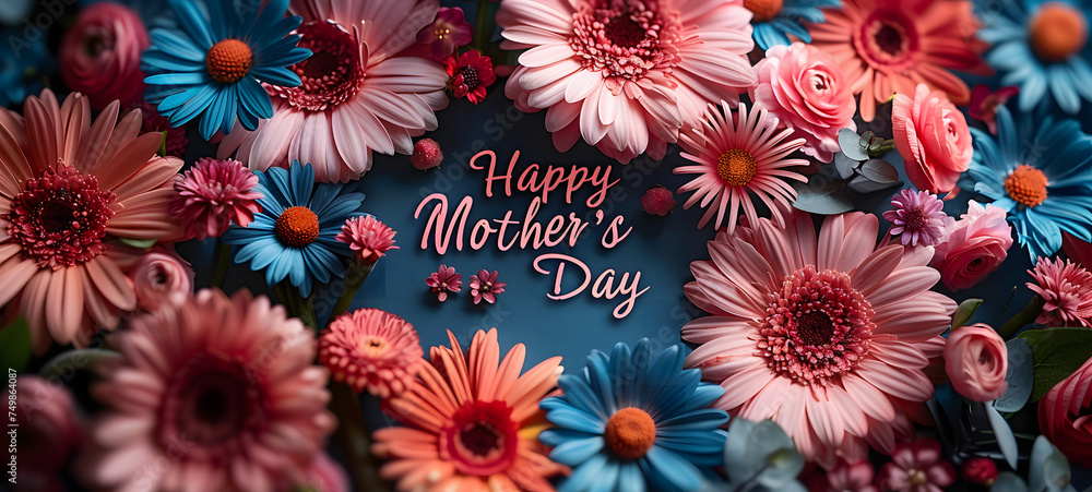 Happy Mother's Day greeting card with colorful flowers on blue background.