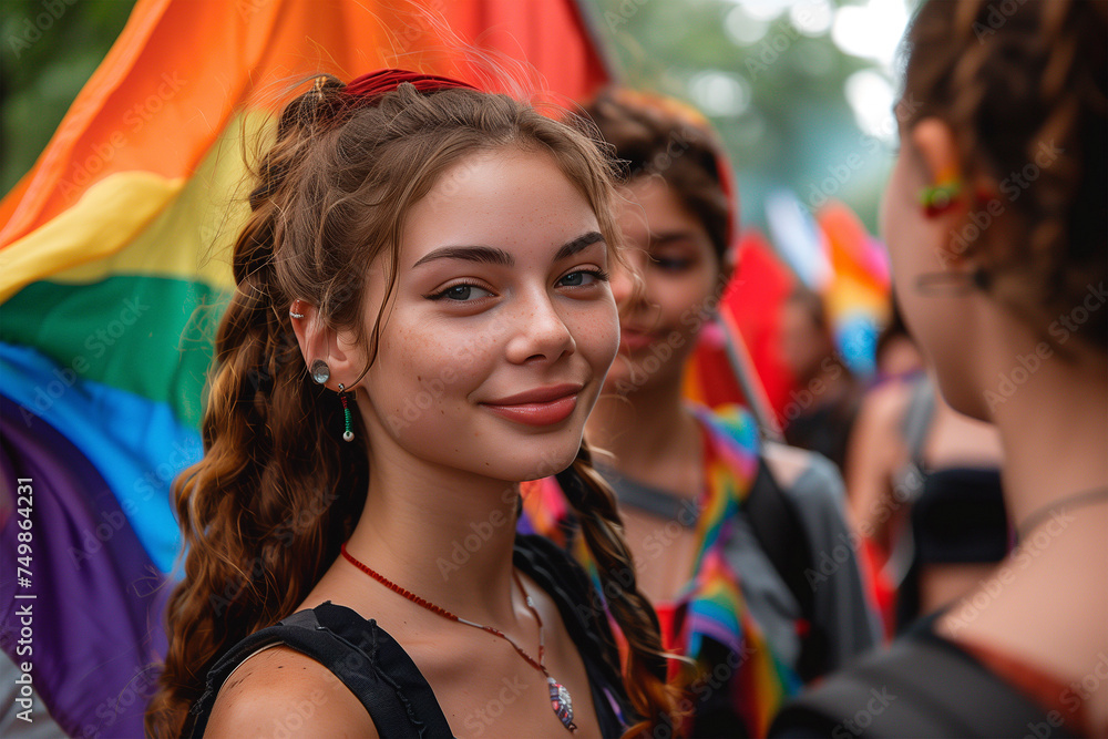 Young beautiful woman posing on rainbow flag background on gay pride, LGBTQ event Young beautiful woman posing on rainbow flag background on gay pride, LGBTQ event