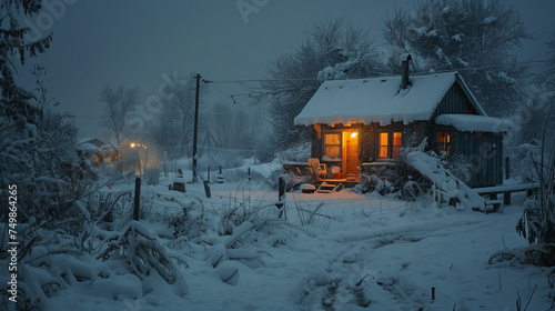 A snow-covered forest landscape on a peaceful winter night, a warm and cozy cabin emerges with glowing windows, inviting passersby to seek comfort and shelter in its inviting embrace.