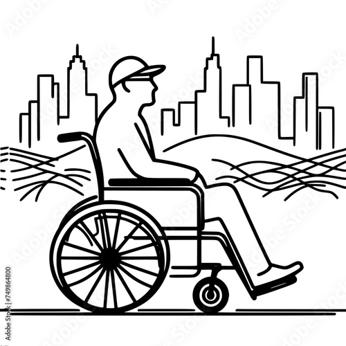 A man in a wheelchair against the background of the city skyline, one-line vector drawing, the concept of an accessible environment for all categories of the population.