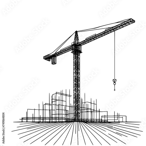 Construction tower crane on the background of a construction site, construction of a multi-storey building, single line vector drawing.
