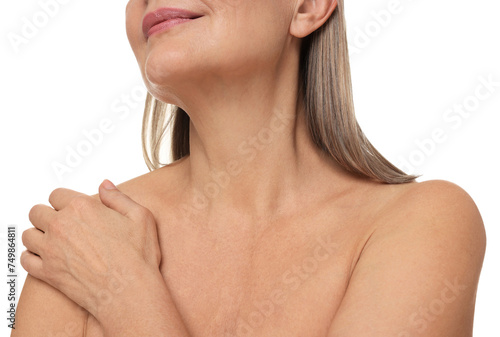 Mature woman with healthy skin on white background, closeup