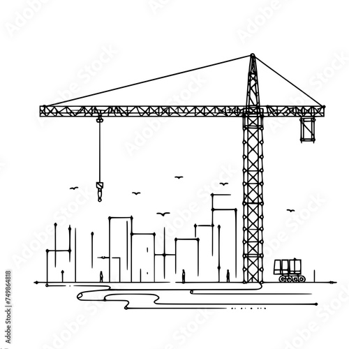 Construction tower crane on the background of a construction site, construction of a multi-storey building, single line vector drawing.