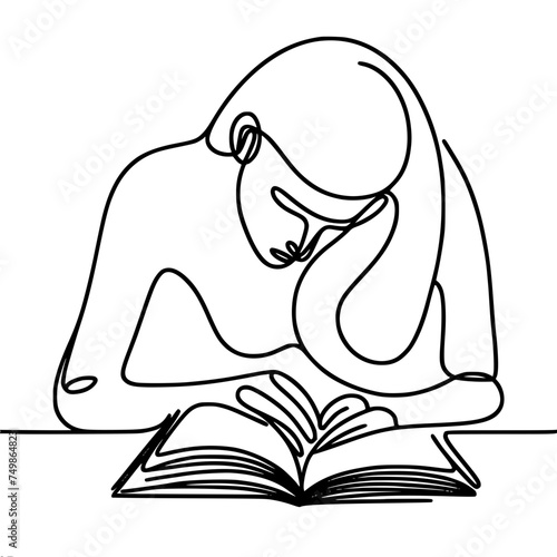 Single line vector drawing, woman bending low reading a book