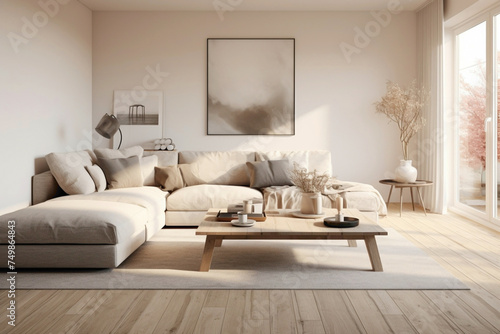 A tranquil Scandinavian living room in calming beige hues  designed for relaxation and comfort with minimalist decor and ample natural light.