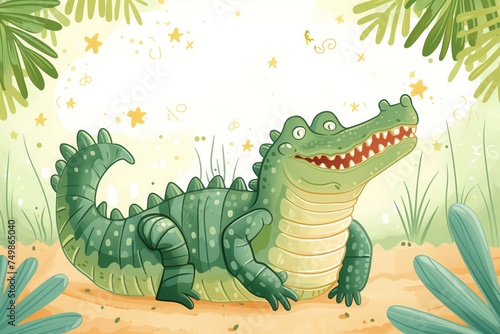 a greetings card for a happy birthday. a color drawing illustration of a cheerful green crocodile celebrating a personal holiday with a cake with candles, balloons and presents. A postcard template © Romana