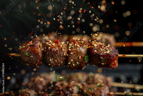 Juicy meat skewers sizzle on a flaming grill with sparks flying, capturing the essence of a Mala barbecue. Close-up of Mala skewers with a delicate sprinkle of sesame seeds. photo