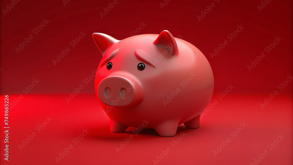 Piggy Bank on Red Surface: Symbolizing Savings and Financial Wealth in Depressed theme Piggy Bank on Red Surface: Symbolizing Savings and Financial Wealth in Depressed theme