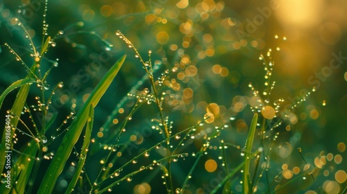 Morning dew on grass blades shimmering in the golden light of sunrise.